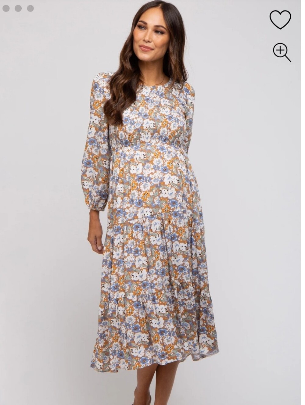 Pinkblush Floral Maternity Tiered Midi Dress in Blue & Mustard | M